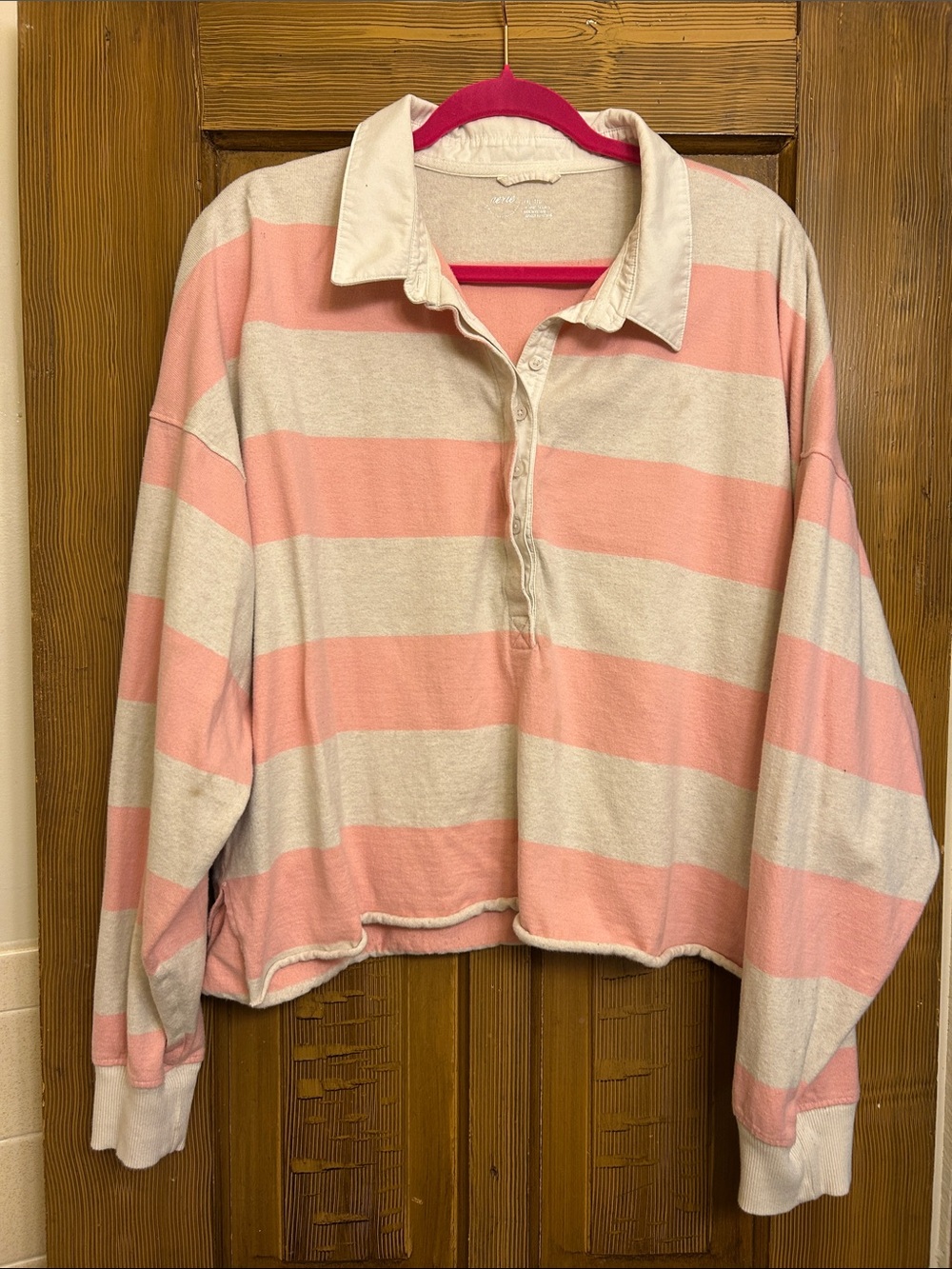 Aerie Striped Cropped Rugby Polo in Pink & Cream